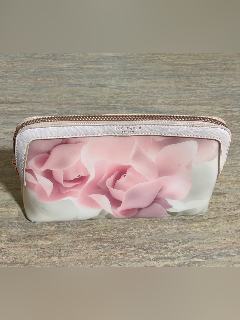 Ted Baker Pink Rose-Print Cosmetic Pouch with Rose Gold Trim